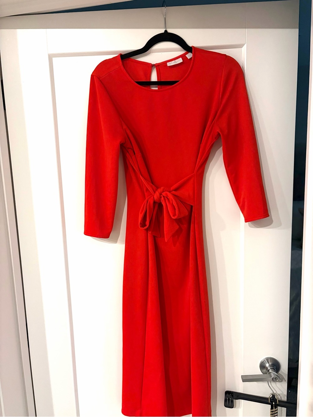 New York & Company Red Tie-Waist Long Sleeve Dress